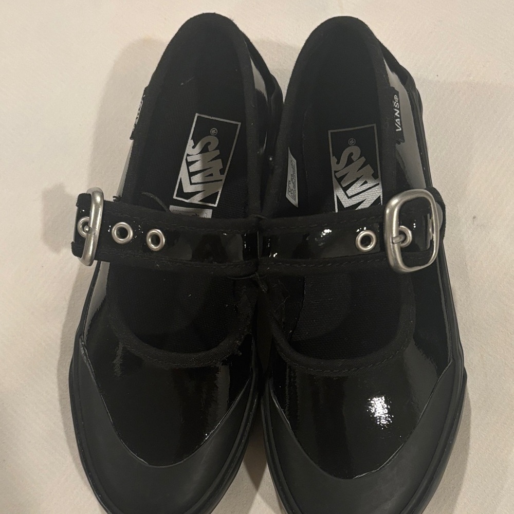 Vans Shiny Black Kids Dress Shoes with Silver Buckle